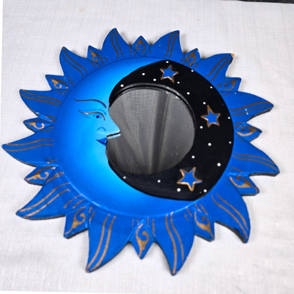 Vintage Celestial Sun Moon Wall Mirror Hand Painted Blue Gold Wood Indonesia 12"